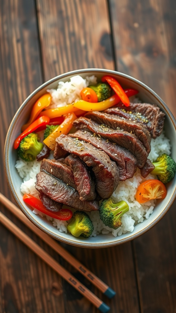 Savory Steak Rice Bowl Recipe A savory steak rice bowl with marinated steak, rice, and sautéed vegetables, garnished with sesame seeds on a wooden table.